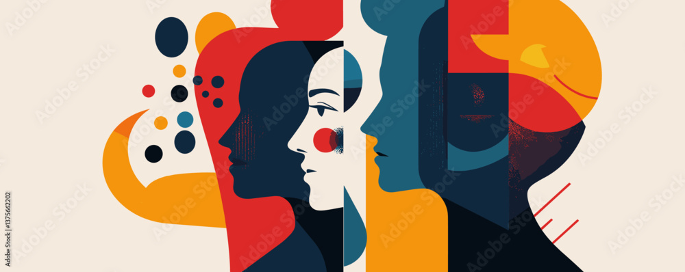 Poster abstract dual faces with colorful geometric shapes and patterns, modern art vector.