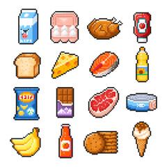 Pixel food set isolated on white background. Pixelated badges, game assets or computer arcade food items. Grocery market and bakery product icons. Vector pixel art illustration in 16 bit old style.