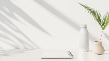 minimalistic workspace with white notebook, white water bottle, and beige vase holding green palm leaf, all placed on white surface with soft shadows
