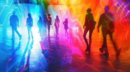 A silhouette of abstract people in a dynamic, colorful setting.