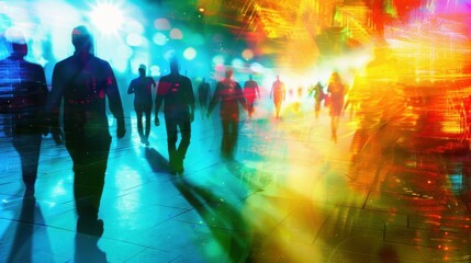 A silhouette of abstract people in a dynamic, colorful setting.