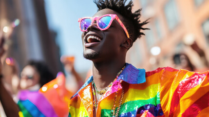 joyful individual celebrates pride month in vibrant urban setting, wearing colorful rainbow shirt and pink sunglasses, symbolizing inclusivity and partnerships