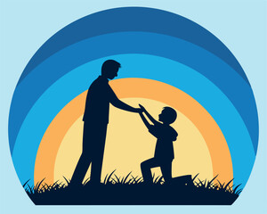 Obraz premium Heartwarming silhouette of father and child holding hands at sunset for Father's Day.
