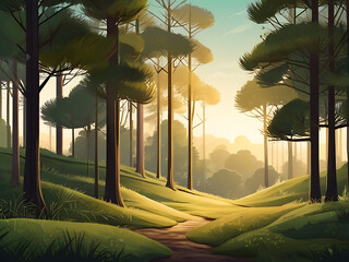 Cute Cartoon Forest Landscape Illustration