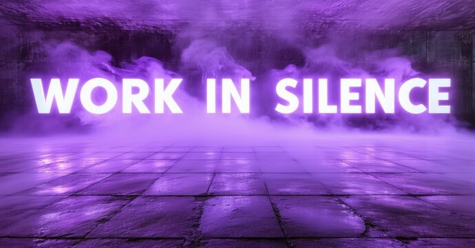 Naklejki Massive glowing work in silence in white and purple thick bold letters on cement tiles with ambient mist and dust trails