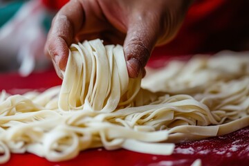 Hand Holding Freshly Made Udon Noodles on a Red Surface