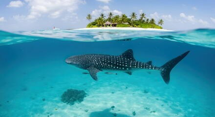 Fototapeta premium Whale shark swims tropical island.