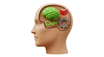 Isolated Conceptual Head with Brain Key Book and Gear Icons