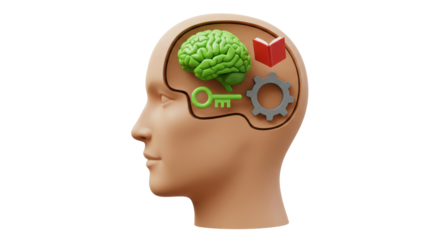 Isolated Conceptual Head with Brain Key Book and Gear Icons