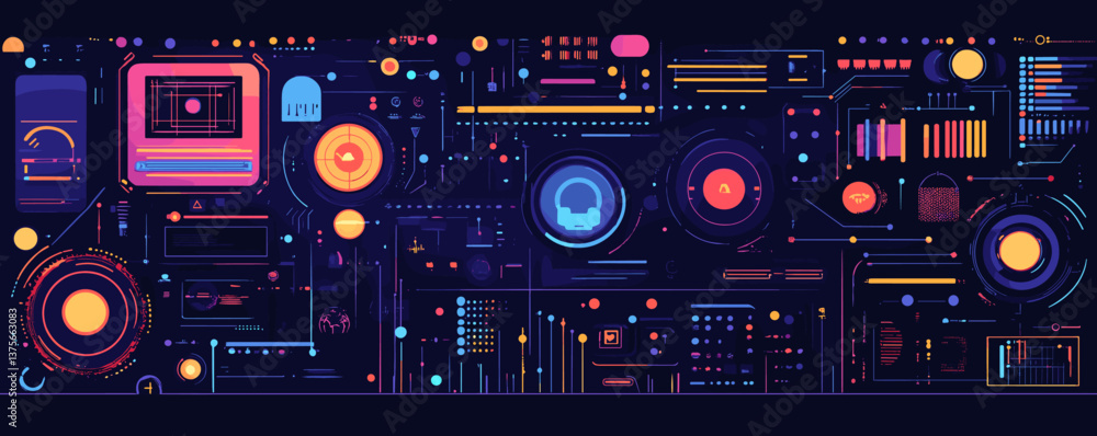 Poster futuristic technology interface with abstract digital elements and circuits in dark neon colors, vec