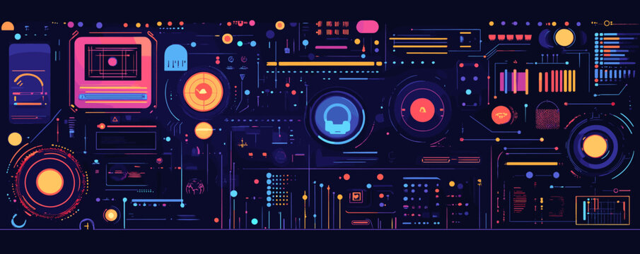 Futuristic technology interface with abstract digital elements and circuits in dark neon colors, vector.