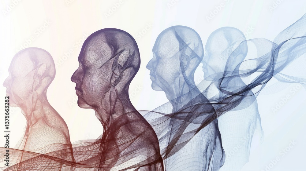 Poster abstract figures of people with flowing lines and minimalistic design.