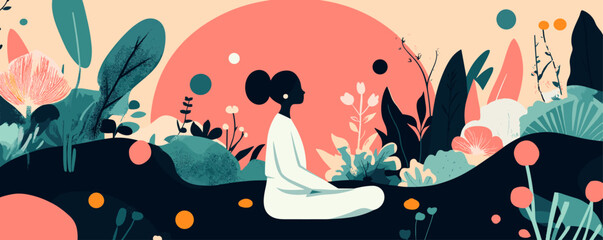 Fototapeta premium Serene meditation in nature landscape with sunset and plants, vector.
