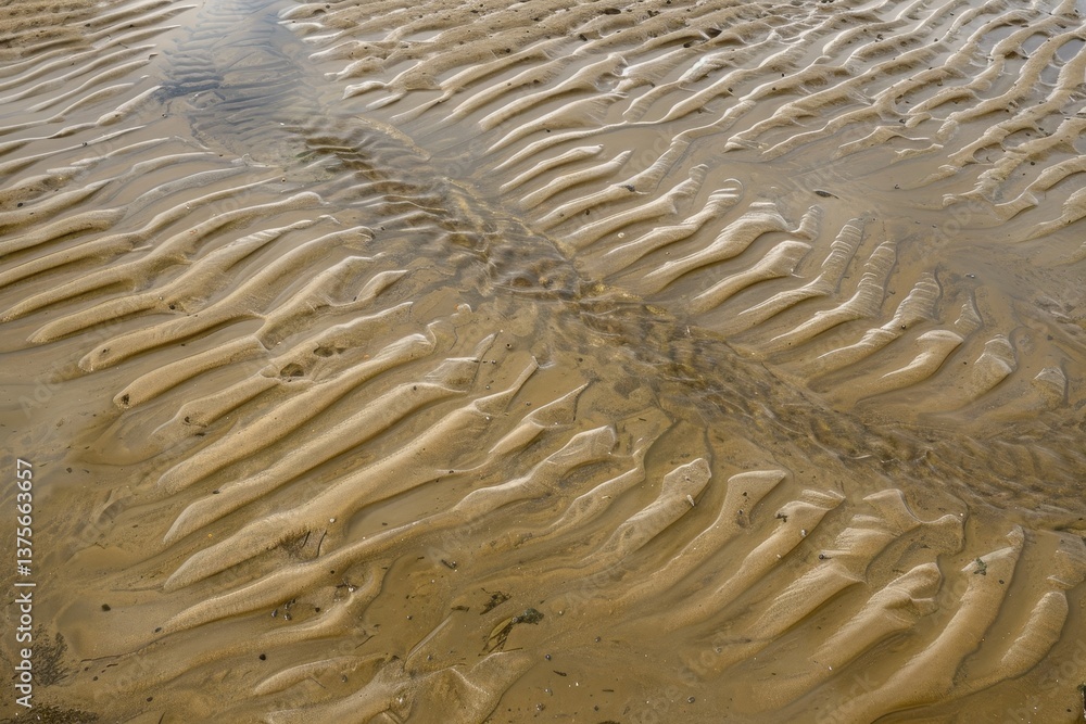 Poster a close-up view of wavy sand patterns formed by receding water in a riverbed, wavy patterns in a san