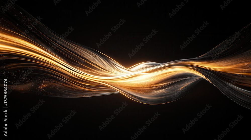 Poster abstract golden waves flowing on dark background, creating cosmic and elegant visual effect