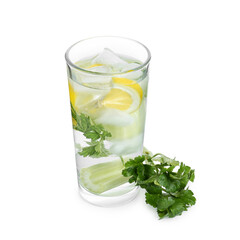 Healthy drink with parsley, lemon and celery on white background