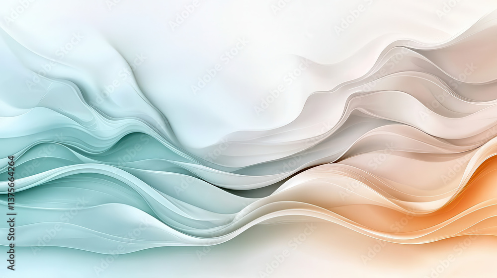 Poster abstract waves with smooth undulating patterns in soft teal, white, and orange tones, evoking calm a