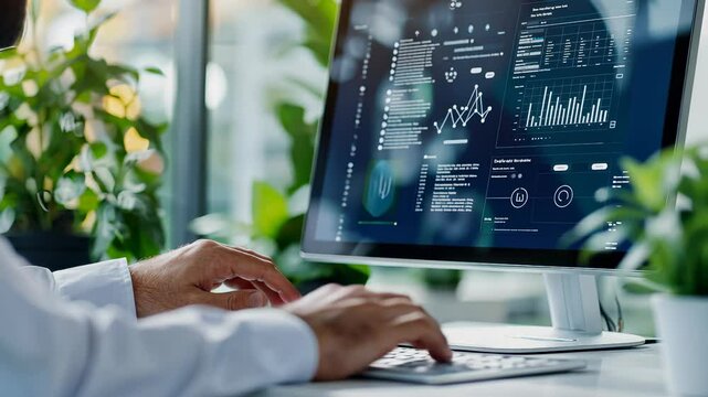 Programmer developing innovative software using futuristic holographic holographic interface person's hand on a laptop, AI neon futuristic icons and data visuals, computer technology video 4k