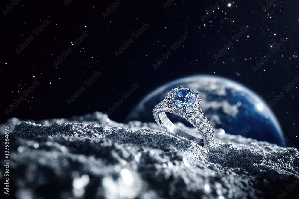Poster astronaut jumping on the moon's surface while admiring earth in the distance during a lunar explorat