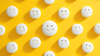 Fototapeta premium 3D rendering of a pattern of happy face emojis on a yellow background. The emojis are white and have a simple design, with two eyes and a smile.
