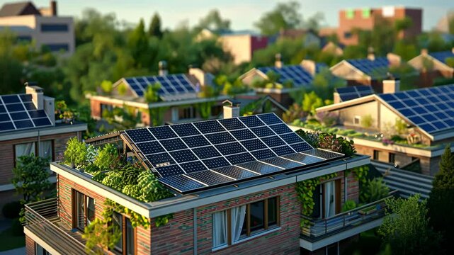 A community installing solar panels on rooftops to reduce carbon footprint