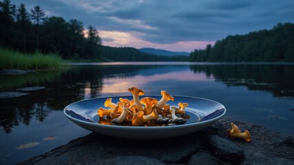 Obraz premium Chanterelle Mushrooms on Plate Beside Lake Reflecting Evening Sky