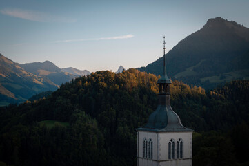 Panoramic view of the Swiss Alps mountains from Gruyeres, Switzerland.