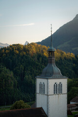 Panoramic view of the Swiss Alps mountains from Gruyeres, Switzerland.