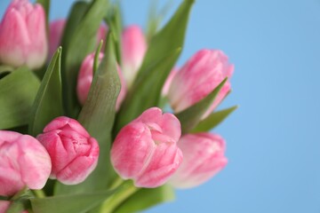 Fototapeta premium Bouquet of beautiful tulips on light blue background, closeup. Space for text
