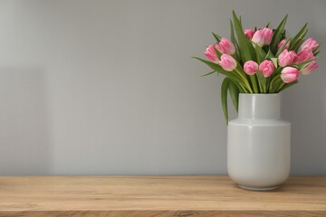 Bouquet of beautiful tulips in vase on wooden table against light grey background, space for text