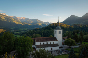 Panoramic view of the Swiss Alps mountains from Gruyeres, Switzerland.