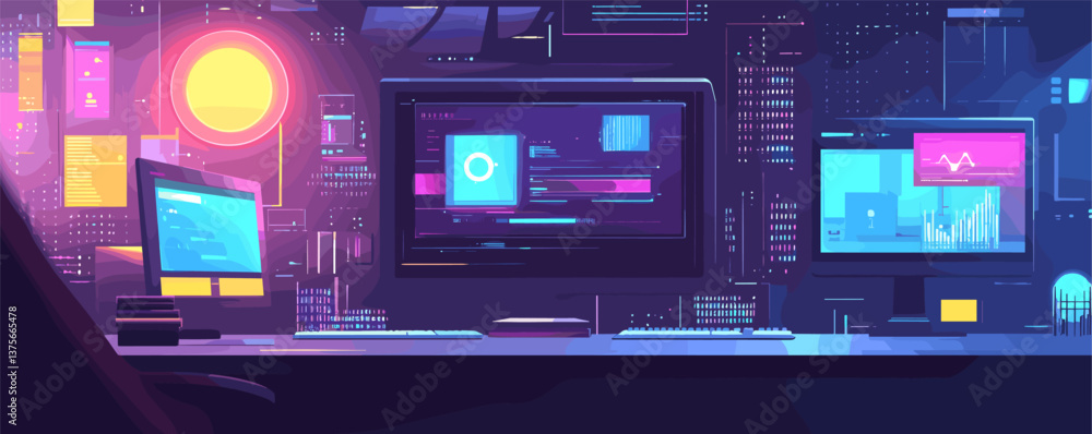 Poster futuristic digital workspace with multiple monitors and neon design in tech environment - vector.