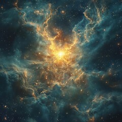 Cosmic Explosion in Nebula with Bright Light and Starry Background