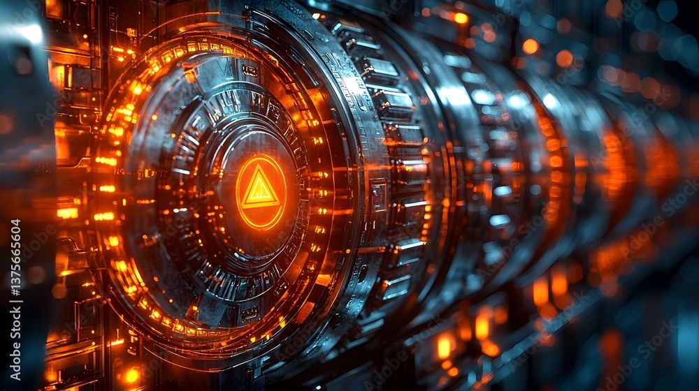 Poster futuristic security system with glowing alert interface