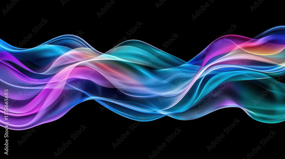 Poster ethereal abstract waves in vibrant colors flow gracefully on black background, creating mesmerizing 