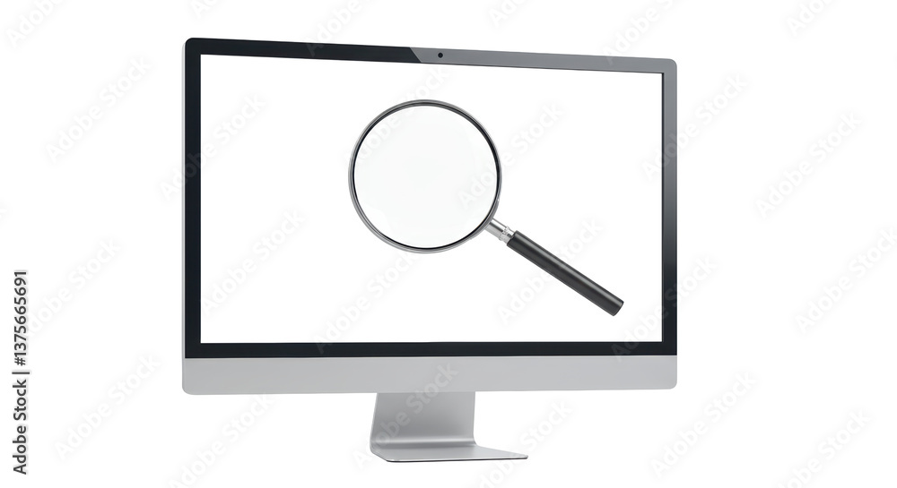 Poster isolated computer monitor with magnifying glass search