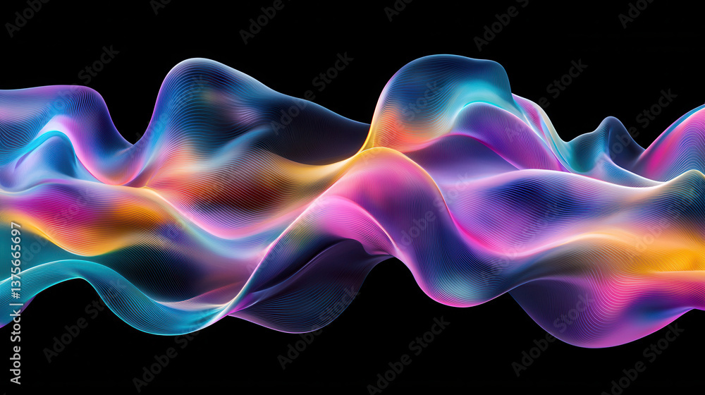 Poster ethereal abstract waves in vibrant colors flow gracefully on black background, creating mesmerizing 