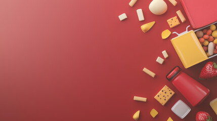 Colorful snacks and beverages arranged on vibrant red background, creating playful and inviting atmosphere for food lovers