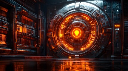 Futuristic industrial technological bank vault with glowing alert interface