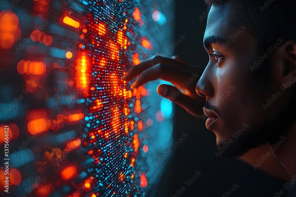 Poster analyst examining a futuristic sentiment heatmap on a digital display