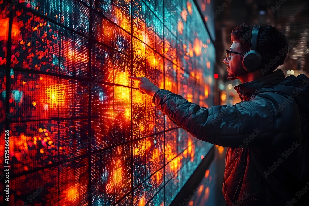 Poster analyst examining a futuristic sentiment analysis heatmap