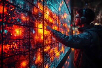 Analyst examining a futuristic sentiment analysis heatmap