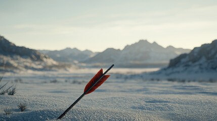 Arrow Soaring Over Icy Snow Covered Valley with Mountains and Windy Atmosphere