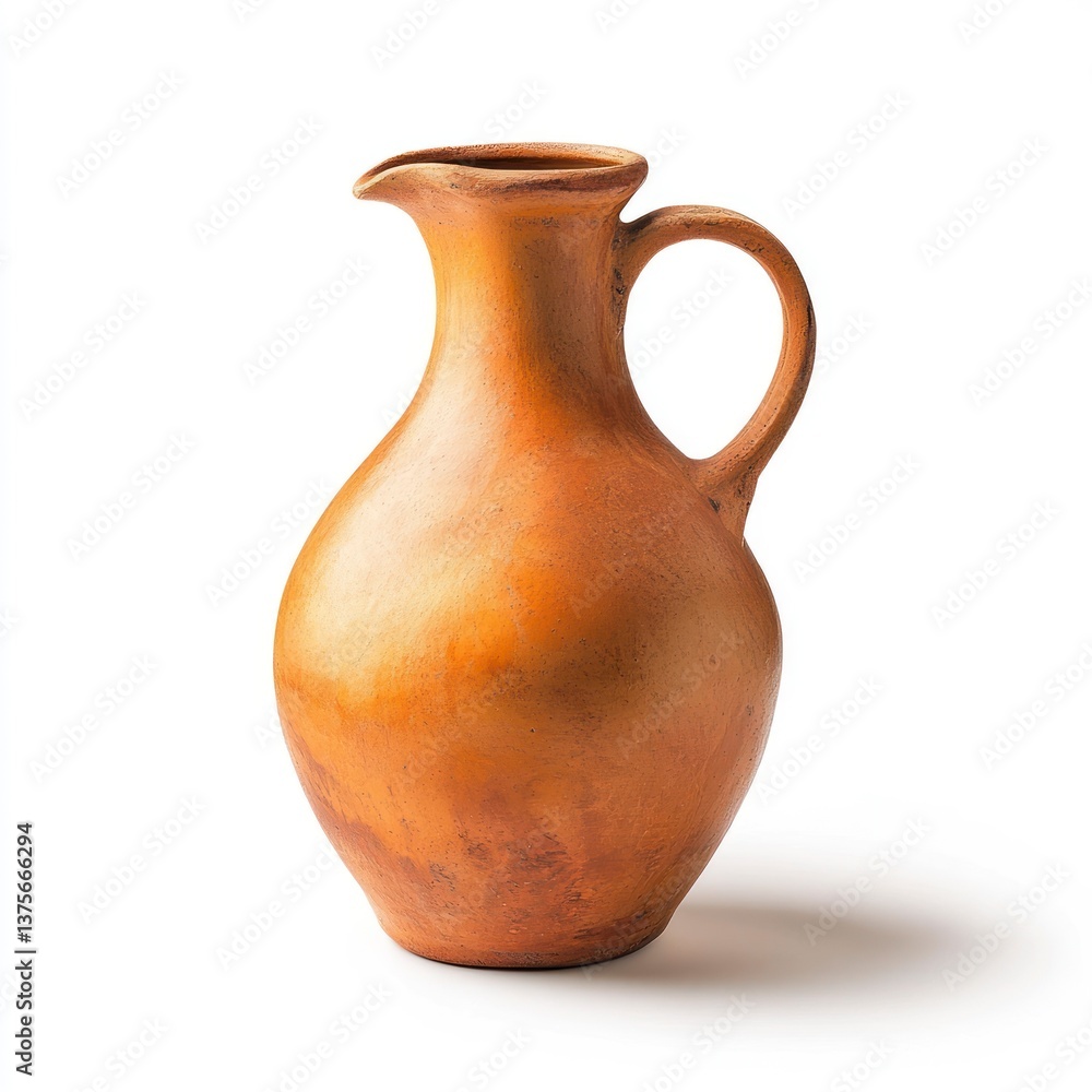 Poster isolated vintage pottery pitcher with handle and spout on white background