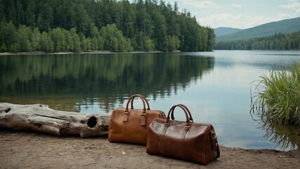 Leather Duffle Bags Near Serene Lake with Forest in Background