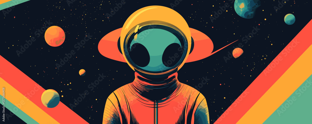 Poster futuristic astronaut in colorful space scene with planets and stars in retro style - vector.