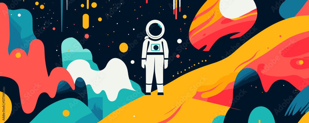 Poster astronaut in colorful abstract space landscape with planets and stars - vector.