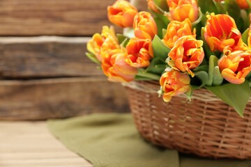 Beautiful tulips in wicker basket on table, closeup. Space for text