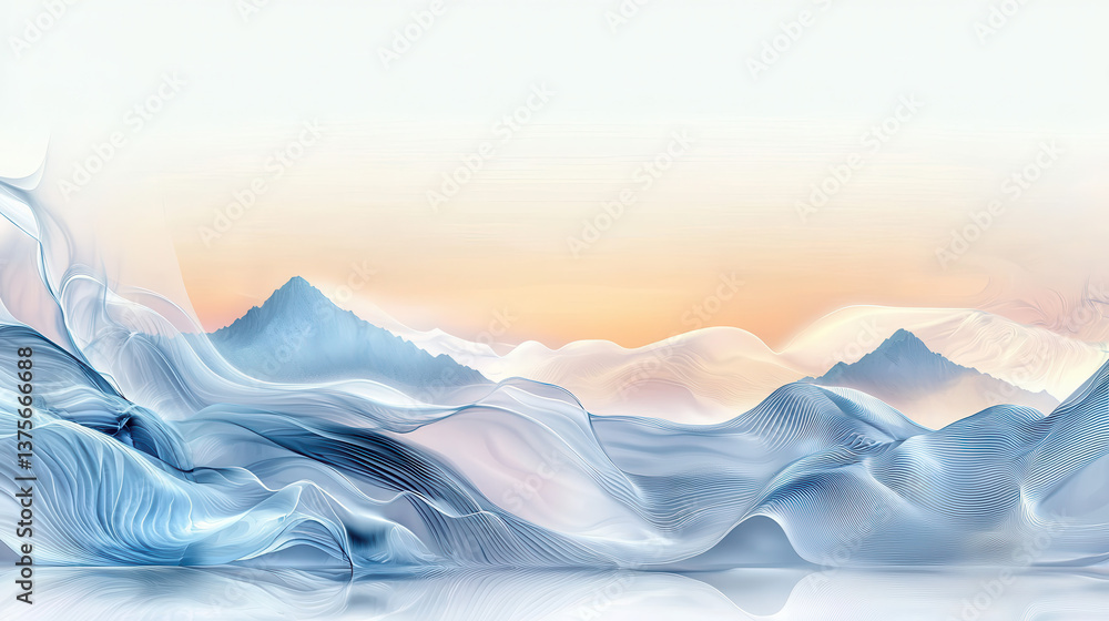 Poster minimalist abstract waves with soft flowing lines and pastel tones, evoking serene and tranquil atmo