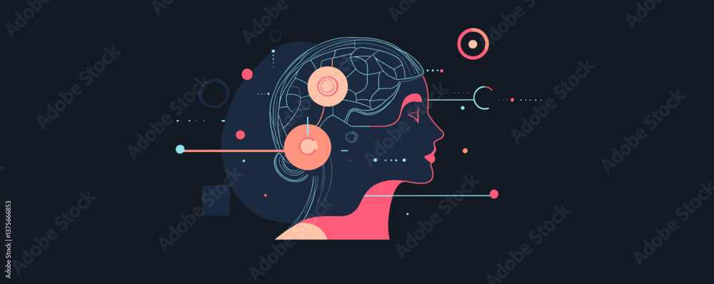 Poster futuristic female neural network profile with abstract elements in modern design – vector.